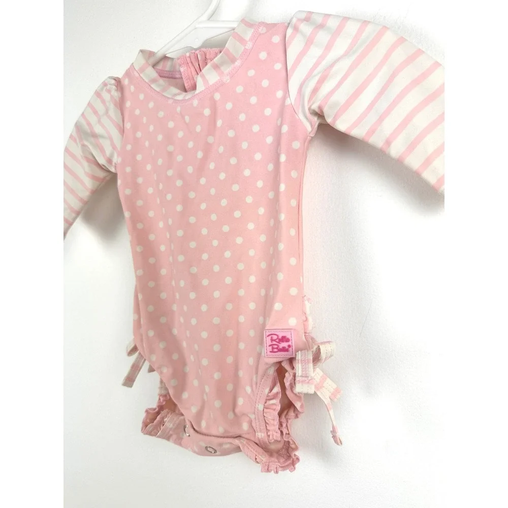 Ruffle Butts Baby Girl Pink Polka Dot Stripe Swimsuit Onesie 0-3M Cute‎